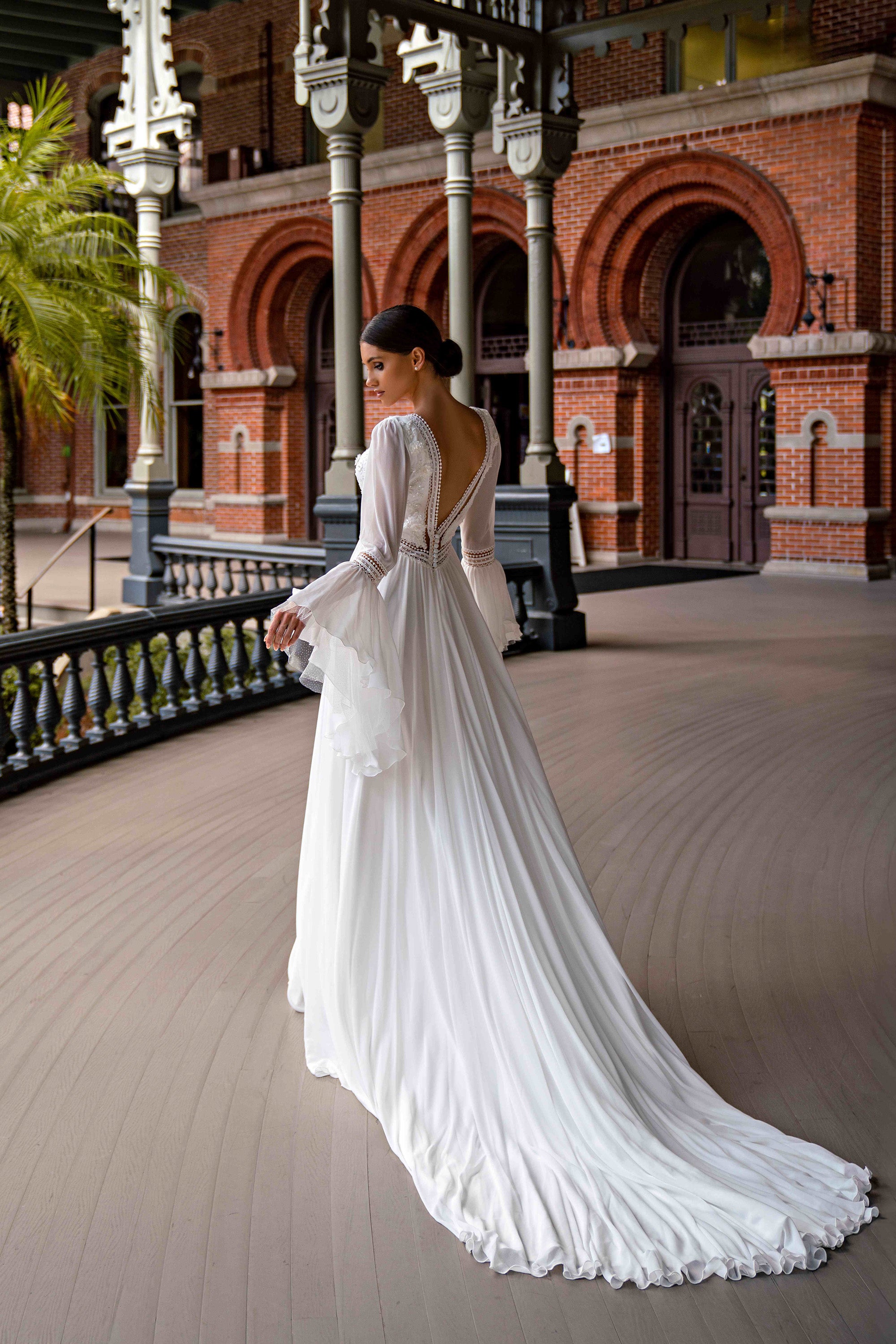 Boho Chiffon A-Line Wedding Dress with Long Bell Sleeves