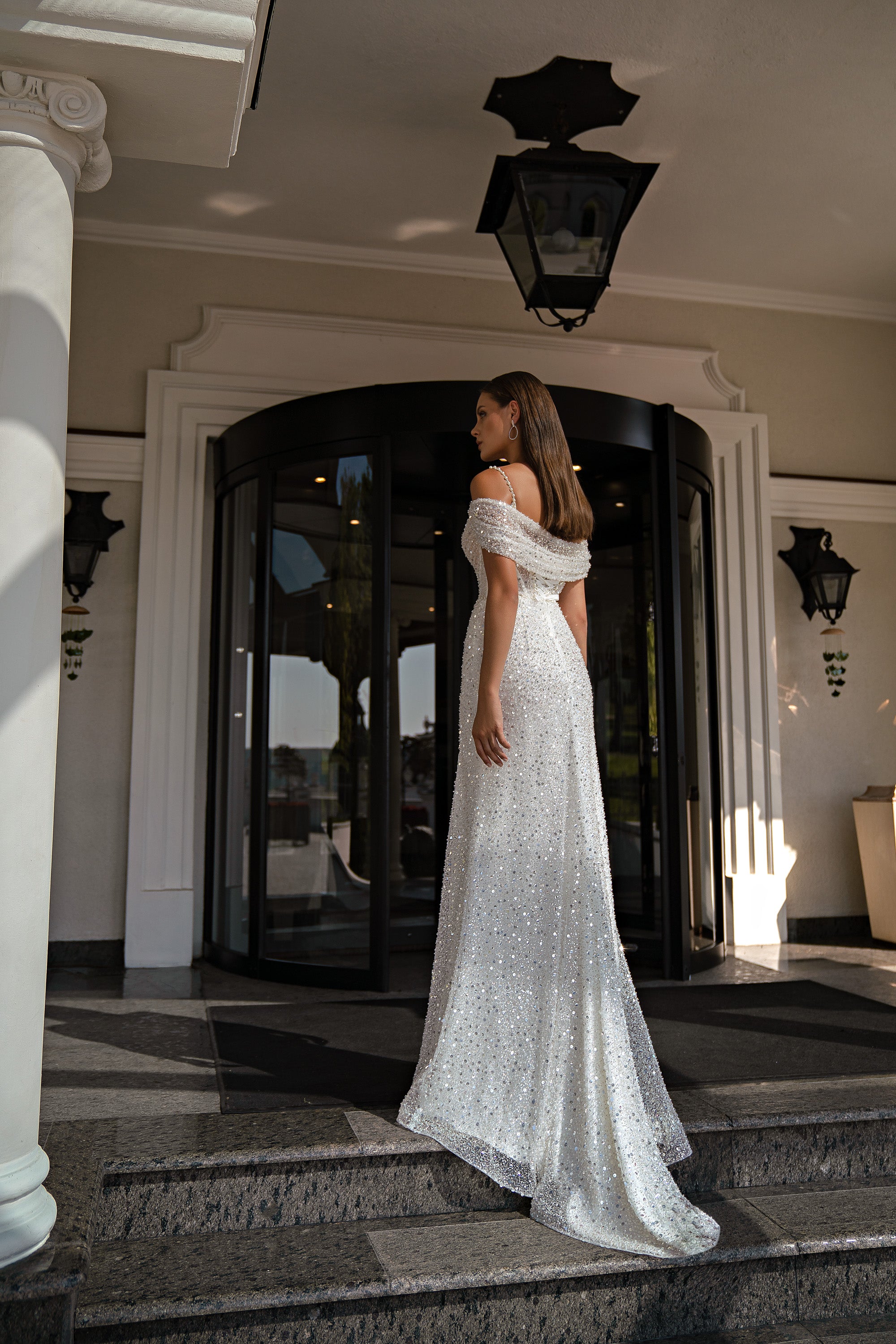 Sheath Wedding Dress with Off-The-Shoulder Beading