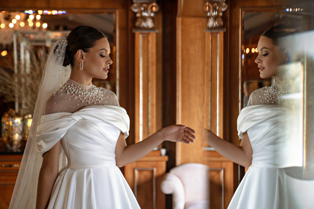 Elegant & Stunning Wedding Set for Modern Bride - Dress & Removable Bolero with Asymmetrical Drape & Pearl Buttons