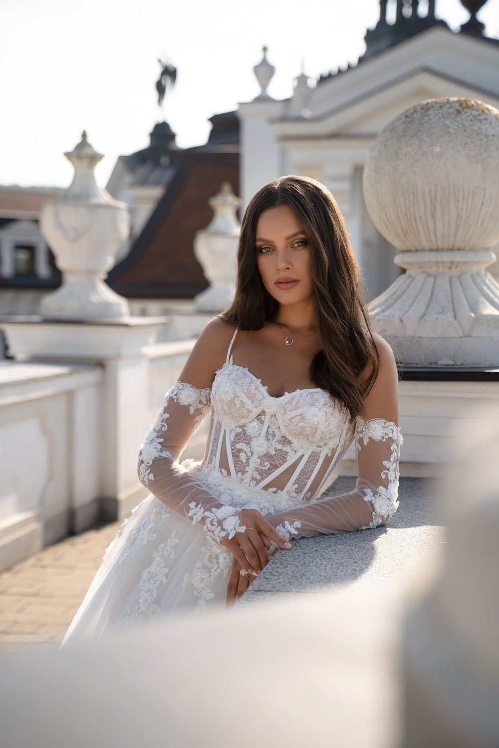 Elegant Wedding Dress with Removable Sleeves, Corset Top, and Embellished Straps - Sophisticated Look for Your Special Day