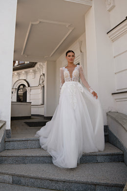A-Line Wedding Dress with Illusion Lace Bodice and Long Sleeves