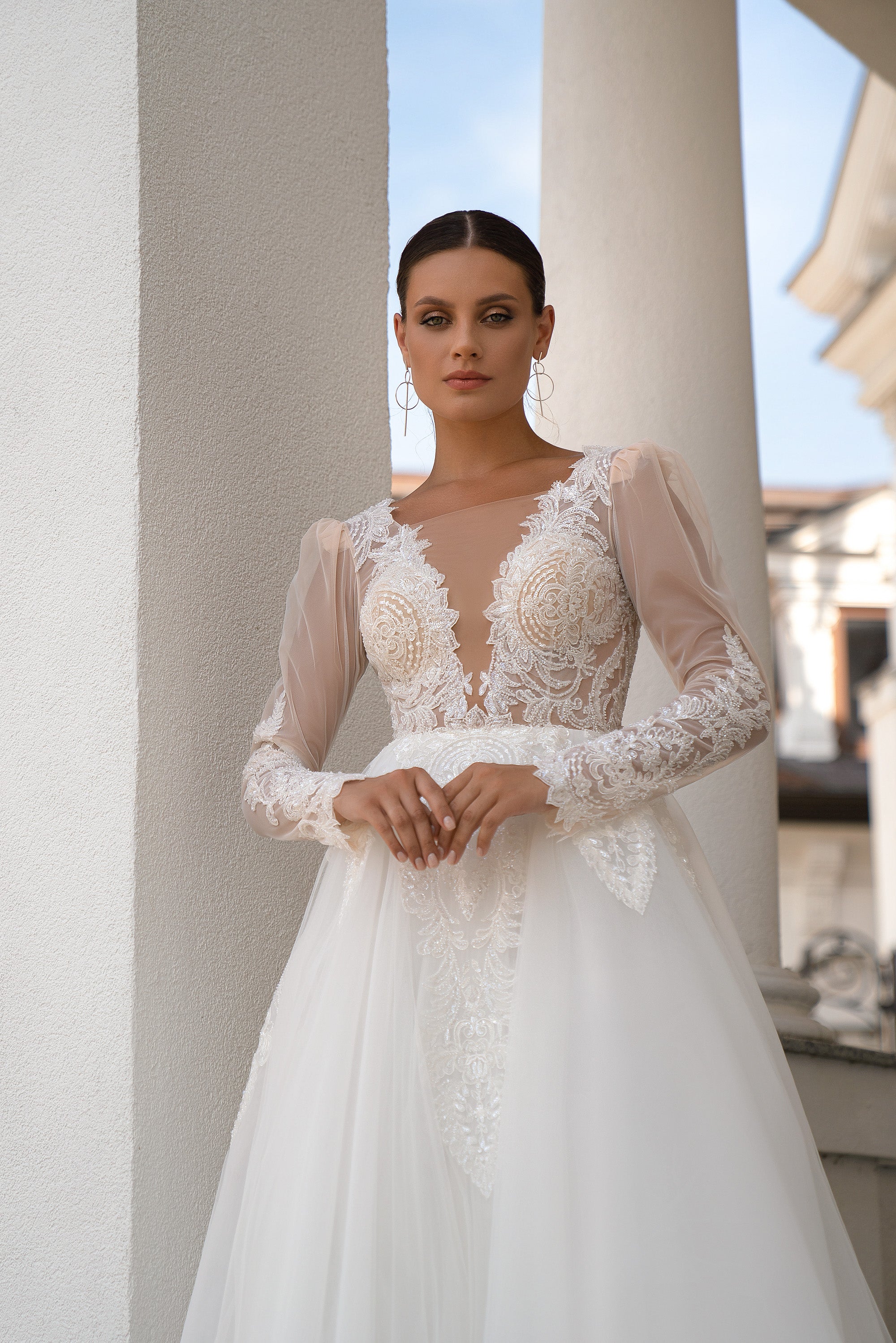 A-Line Wedding Dress with Illusion Lace Bodice and Long Sleeves