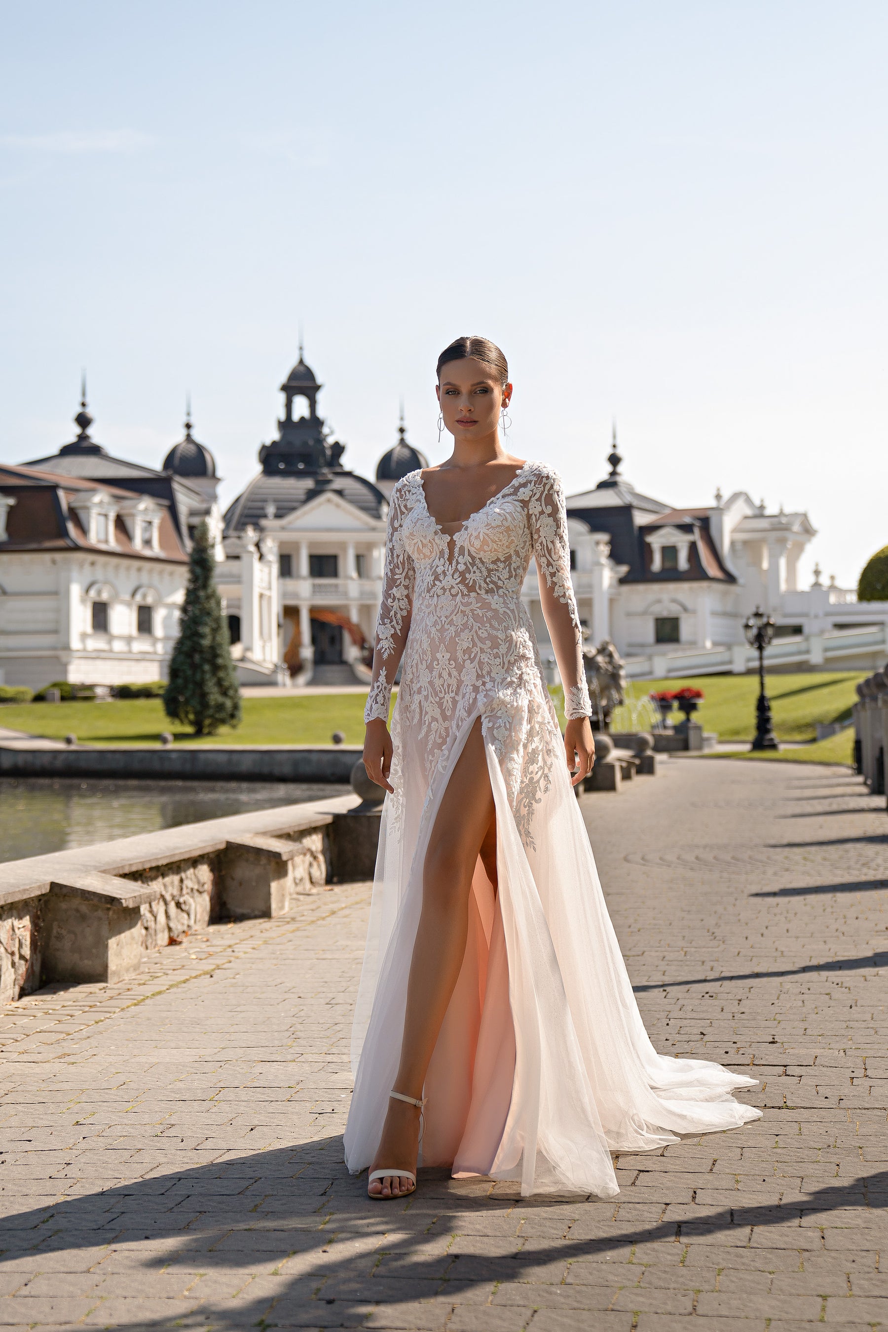 Sheath Wedding Dress with Illusion Lace Sleeves and High Slit