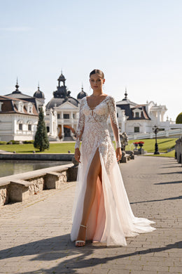 Sheath Wedding Dress with Illusion Lace Sleeves and High Slit