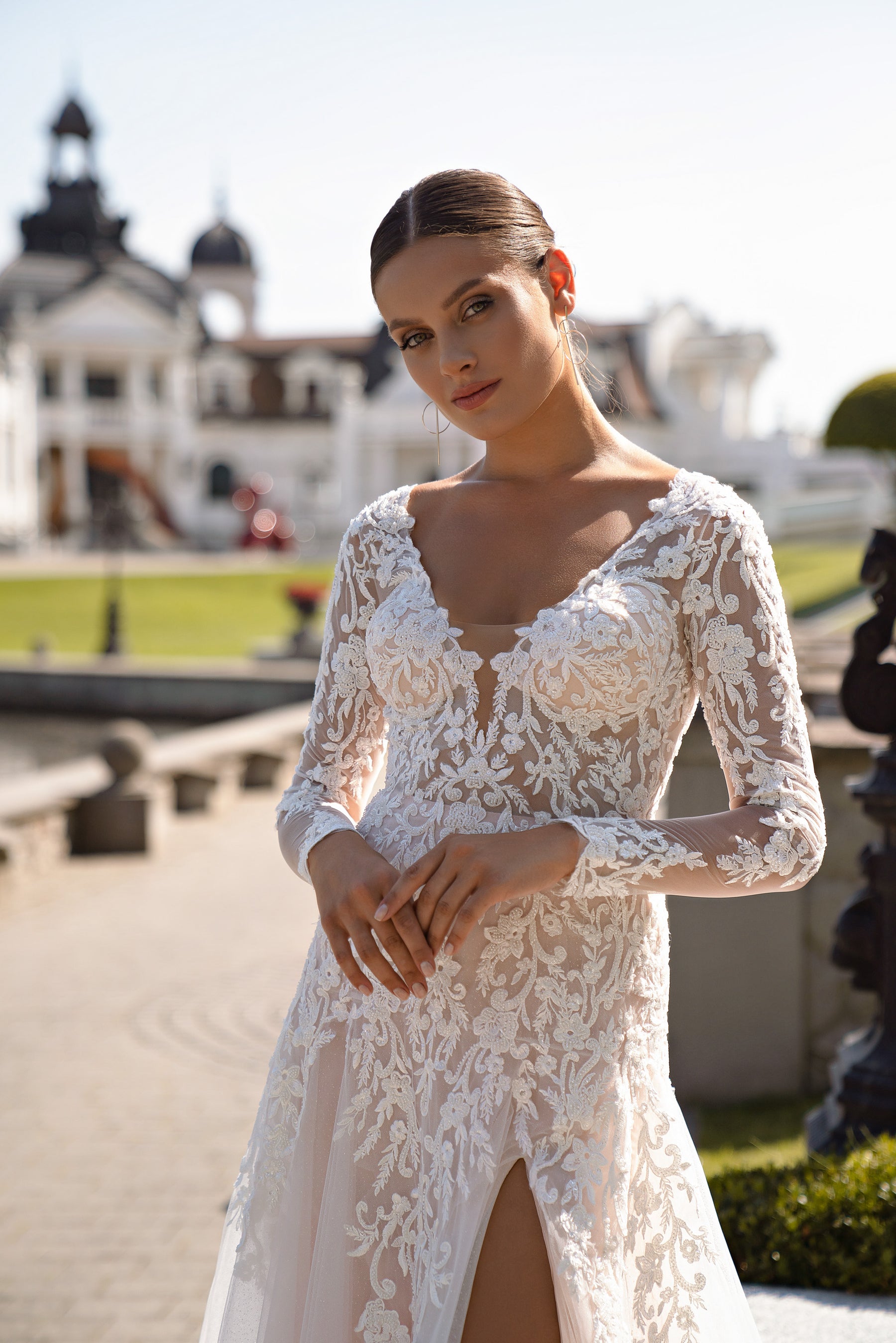 Sheath Wedding Dress with Illusion Lace Sleeves and High Slit