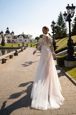 Sheath Wedding Dress with Illusion Lace Sleeves and High Slit
