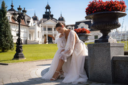 A-Line Wedding Dress with Illusion V-Neck and Bishop Sleeves