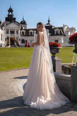 A-Line Wedding Dress with Illusion V-Neck and Bishop Sleeves