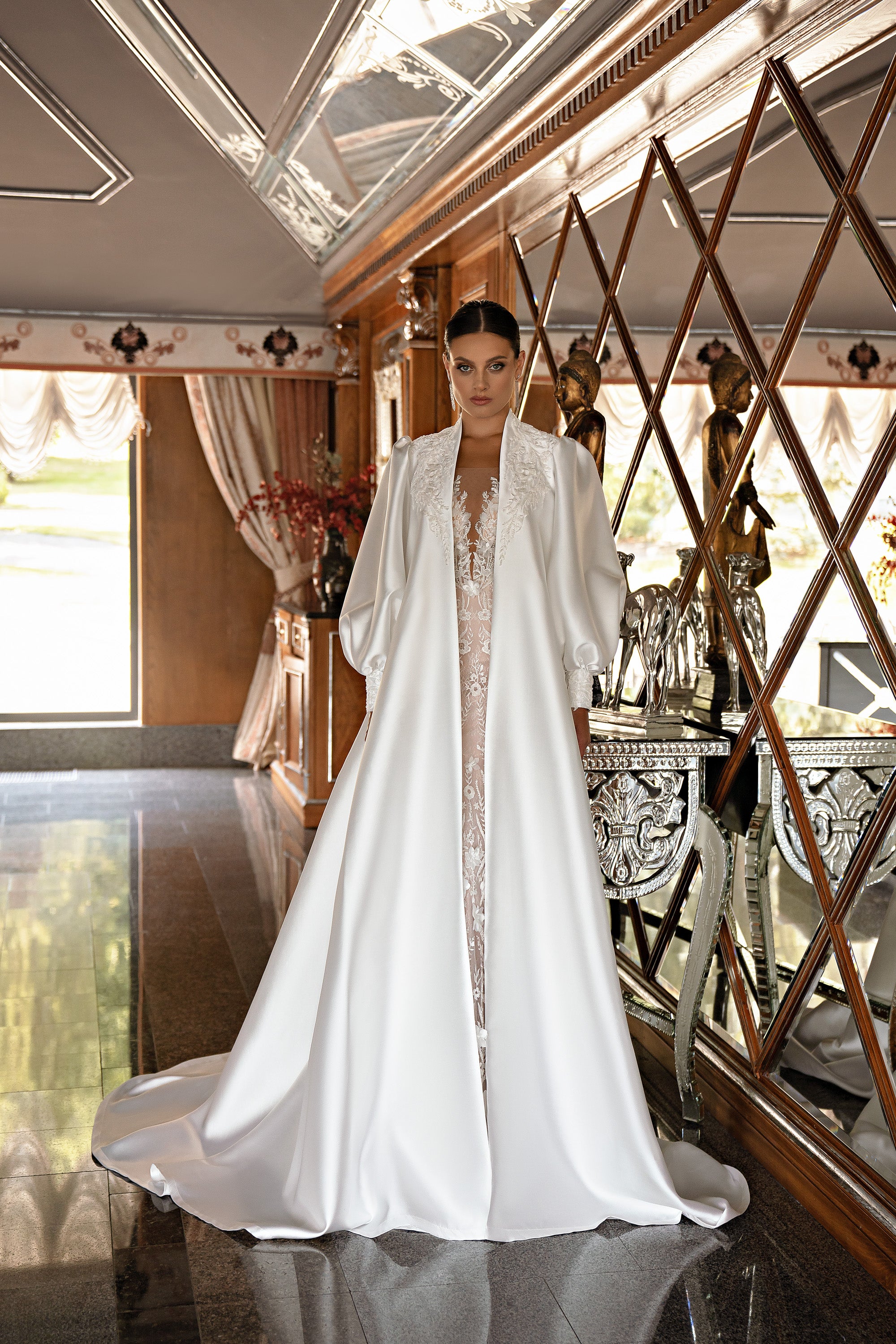 Sheath Wedding Dress with Floral Lace and Detachable Satin Cape
