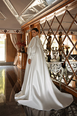 Sheath Wedding Dress with Floral Lace and Detachable Satin Cape