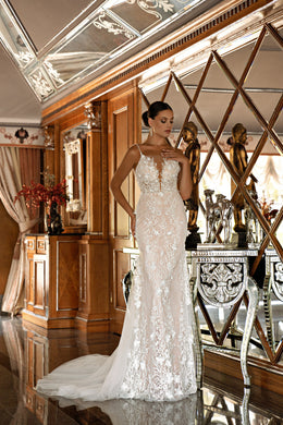 Sheath Wedding Dress with Floral Lace and Detachable Satin Cape