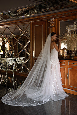 Sheath Wedding Dress with Floral Lace and Detachable Satin Cape