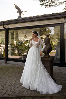 A-Line Wedding Dress with Square Neckline and Long Lace Sleeves