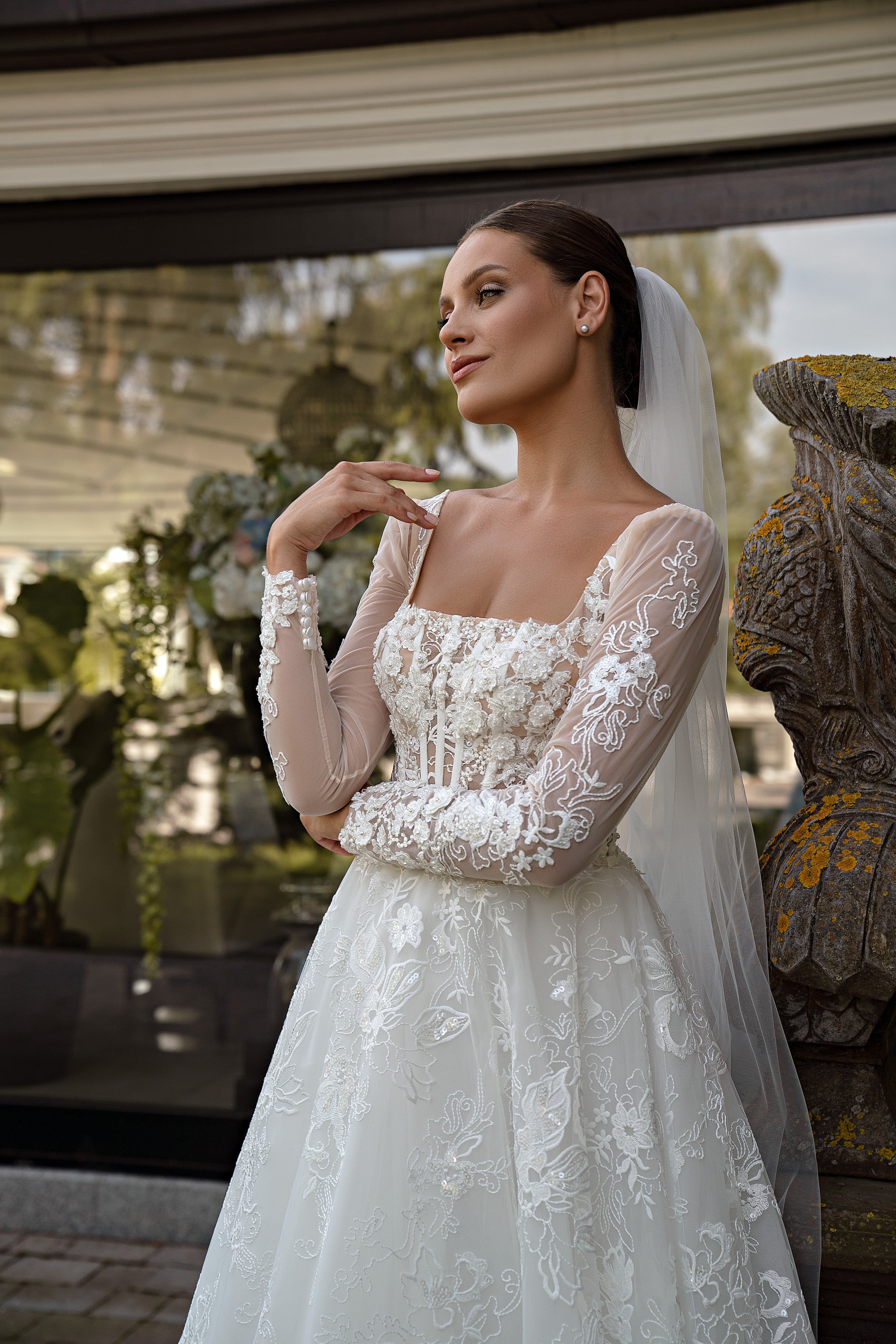 A-Line Wedding Dress with Square Neckline and Long Lace Sleeves