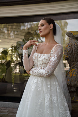 A-Line Wedding Dress with Square Neckline and Long Lace Sleeves