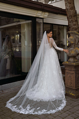 A-Line Wedding Dress with Square Neckline and Long Lace Sleeves
