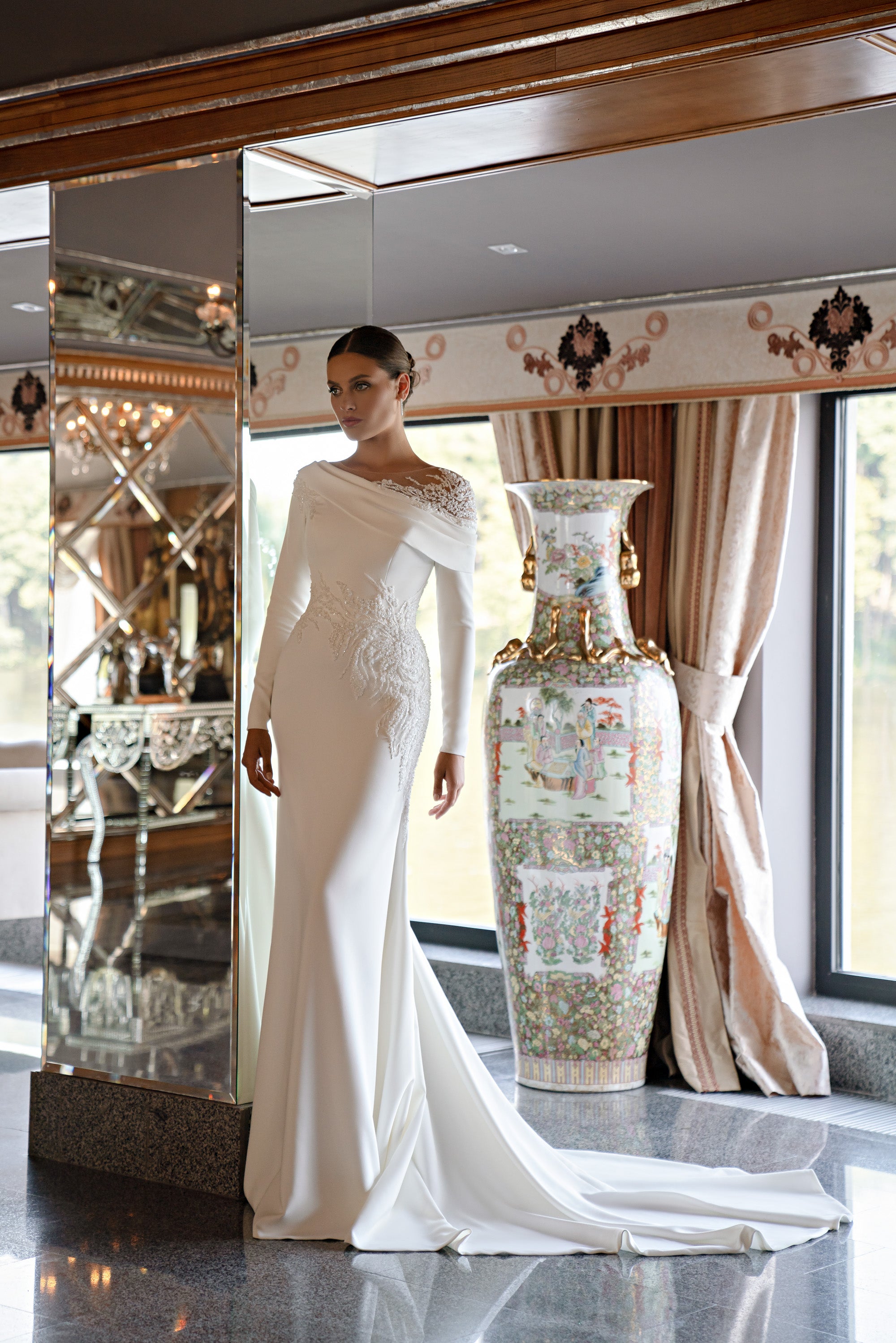 Trumpet Wedding Dress with Asymmetric Draped Neckline