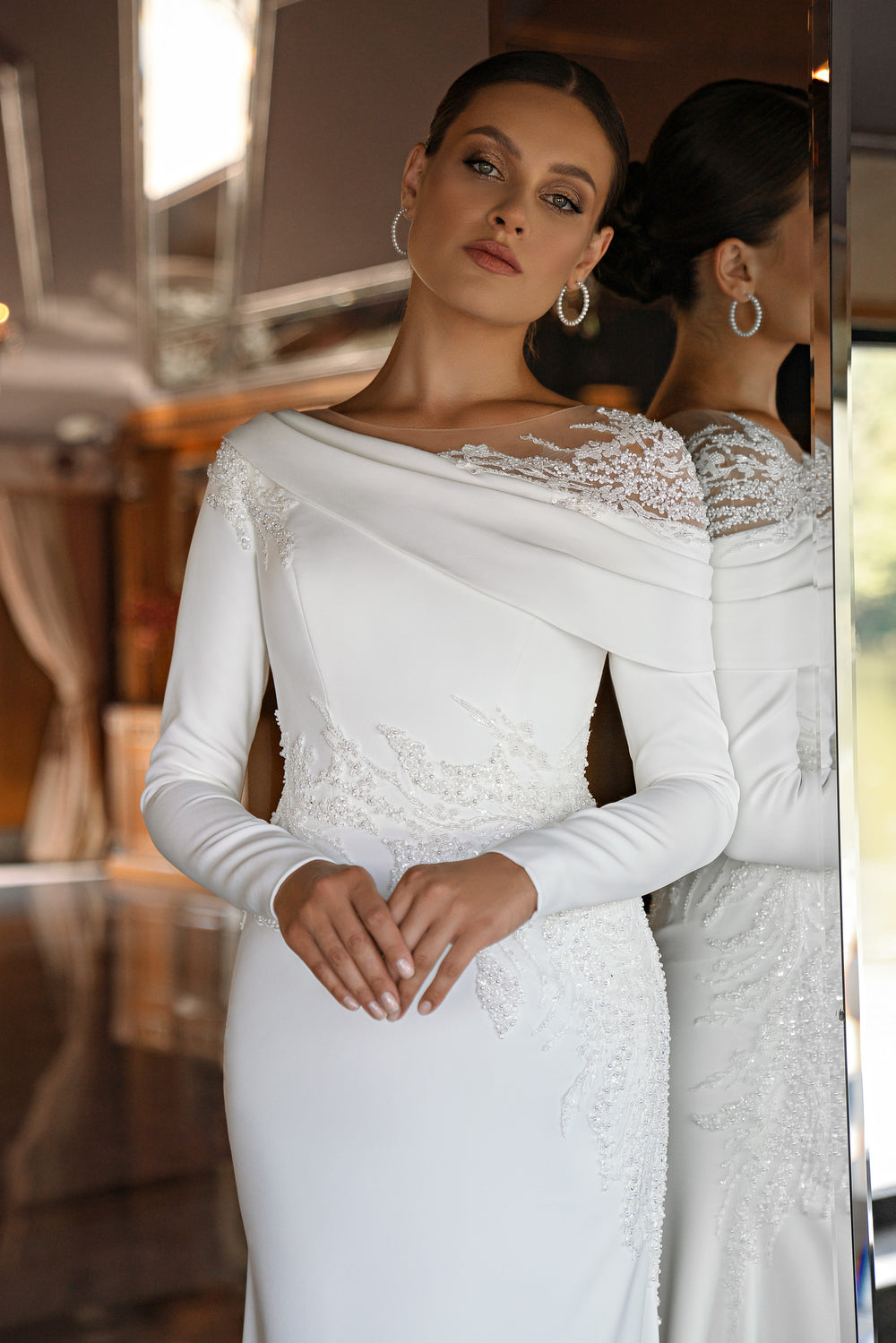 Elegant & Sophisticated Wedding Dress with Long Sleeves, Train, Lace & Beaded Embroidery - Perfect for the True Bride