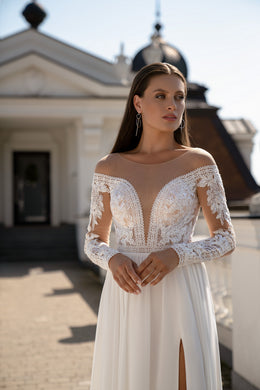 A-Line Wedding Dress with Illusion Lace Bodice and Slit