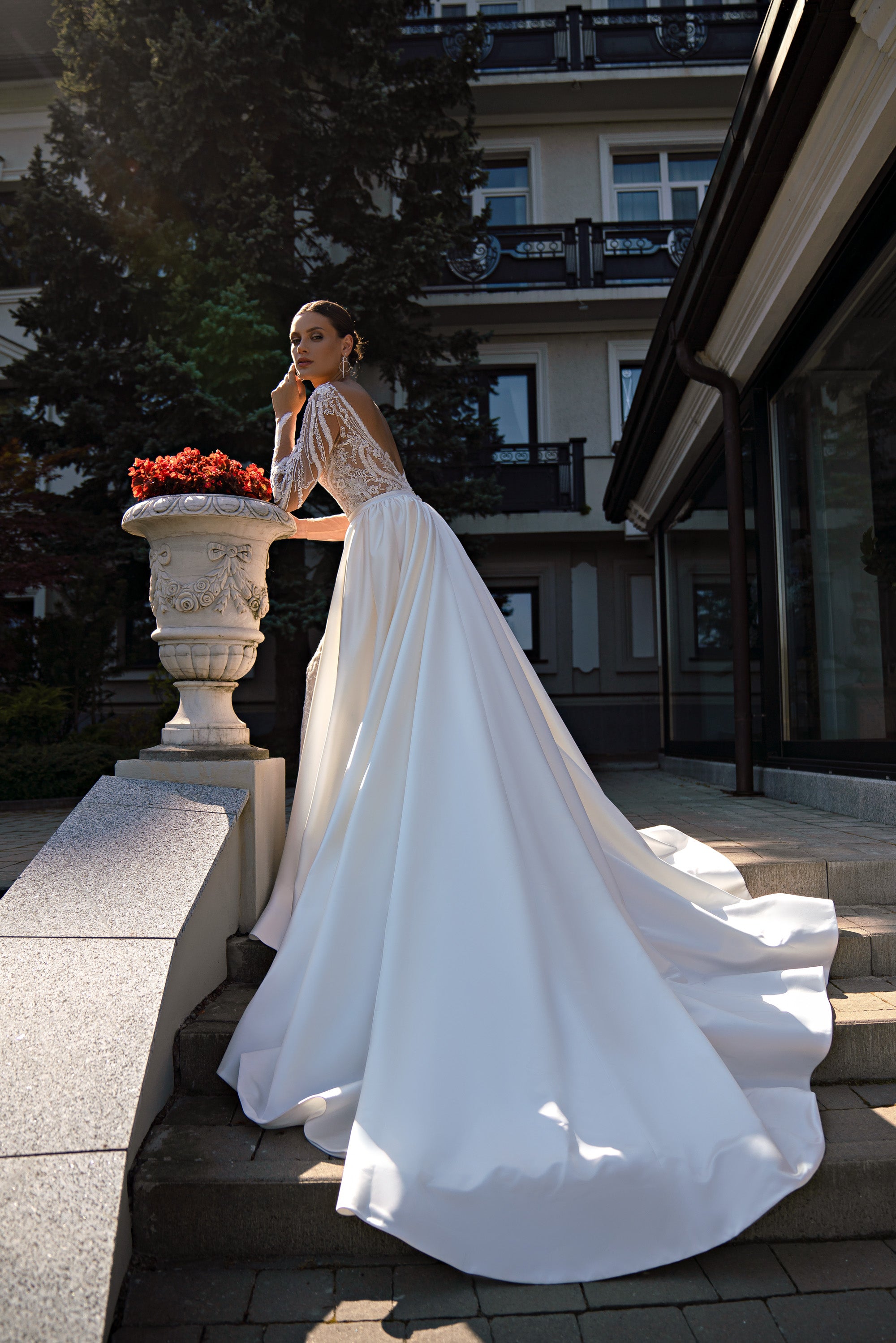 Sheath Wedding Dress with Lace Sleeves and Detachable Overskirt