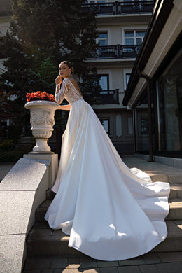 Sheath Wedding Dress with Lace Sleeves and Detachable Overskirt