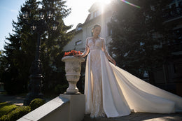 Sheath Wedding Dress with Lace Sleeves and Detachable Overskirt