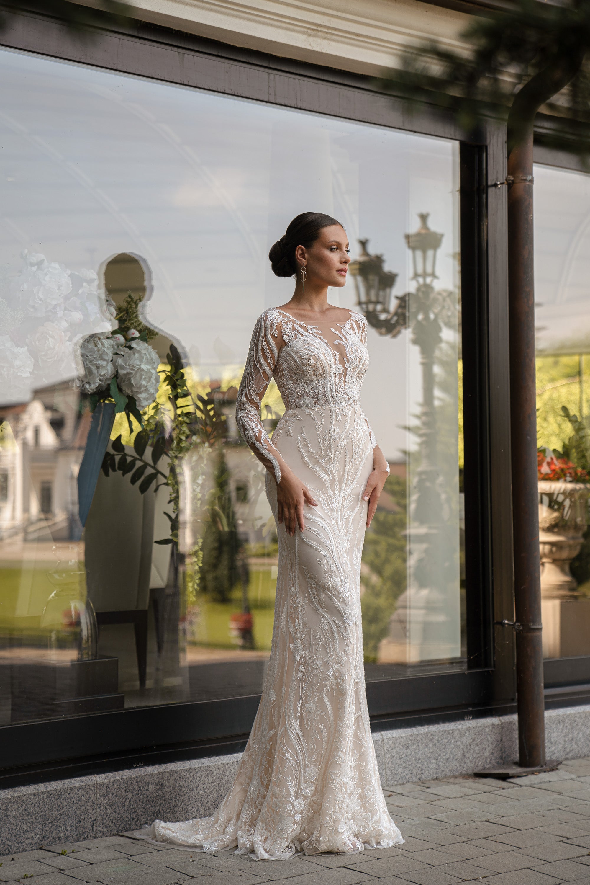 Sheath Wedding Dress with Lace Sleeves and Detachable Overskirt