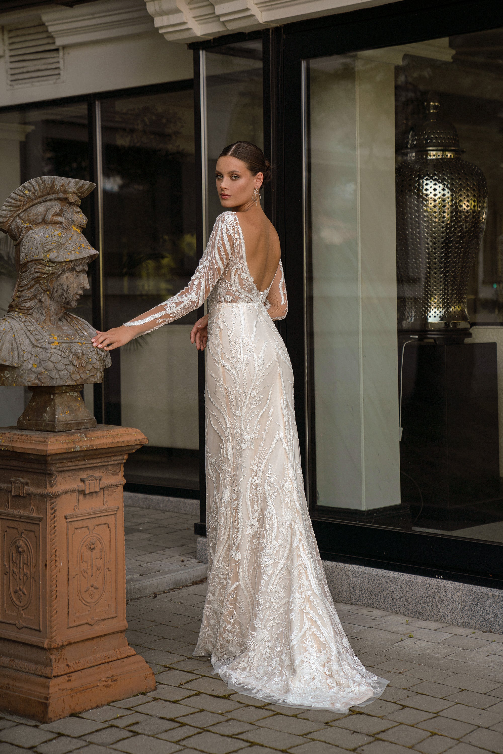 Sheath Wedding Dress with Lace Sleeves and Detachable Overskirt