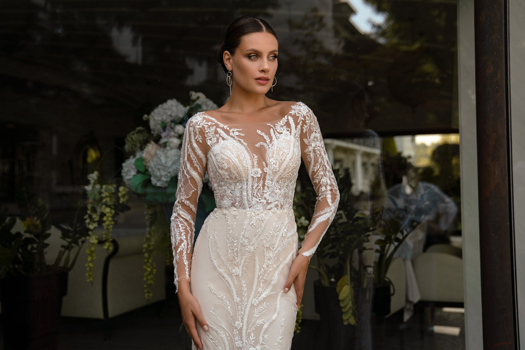 Sheath Wedding Dress with Lace Sleeves and Detachable Overskirt
