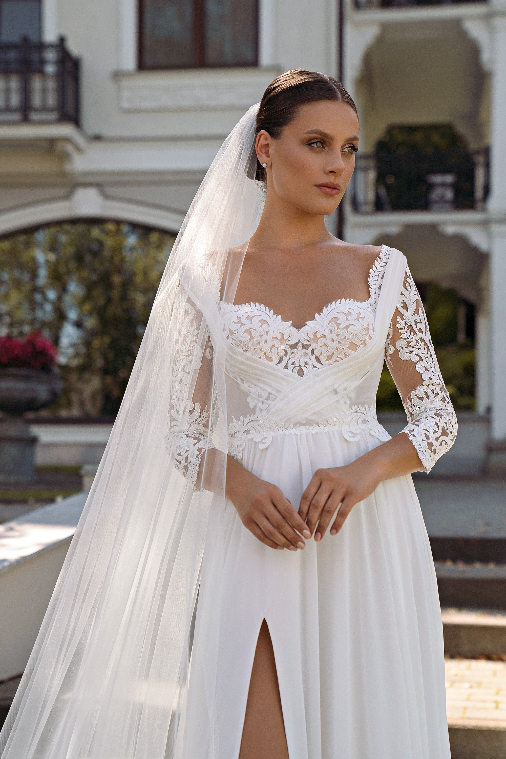A-Line Wedding Dress with Illusion Lace Bodice and Slit