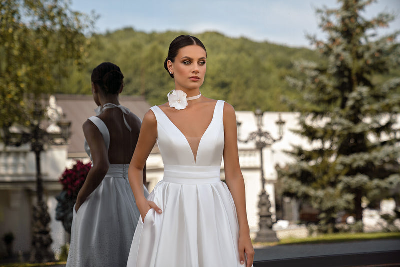 A-Line Satin Wedding Dress with V-Neck and Pockets