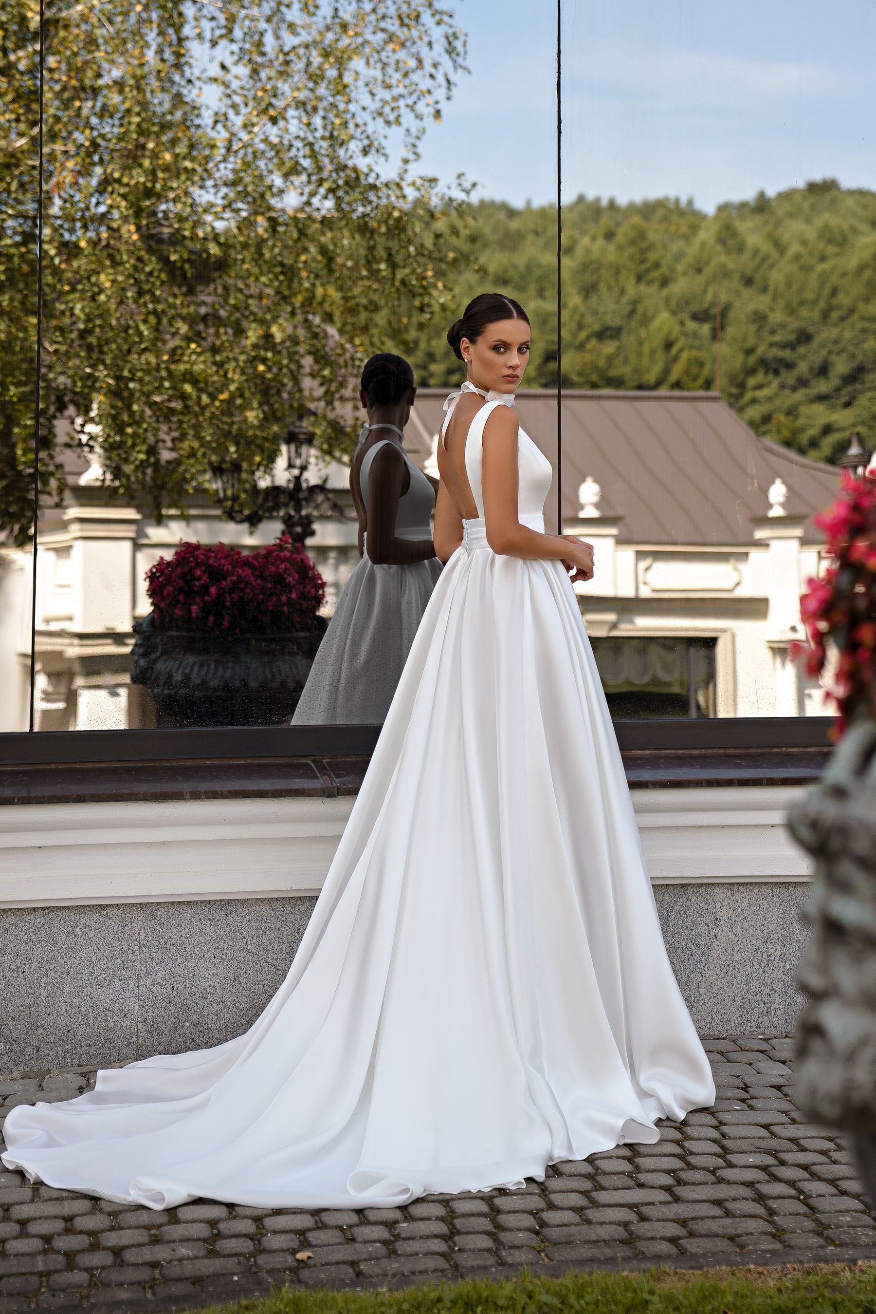 A-Line Satin Wedding Dress with V-Neck and Pockets