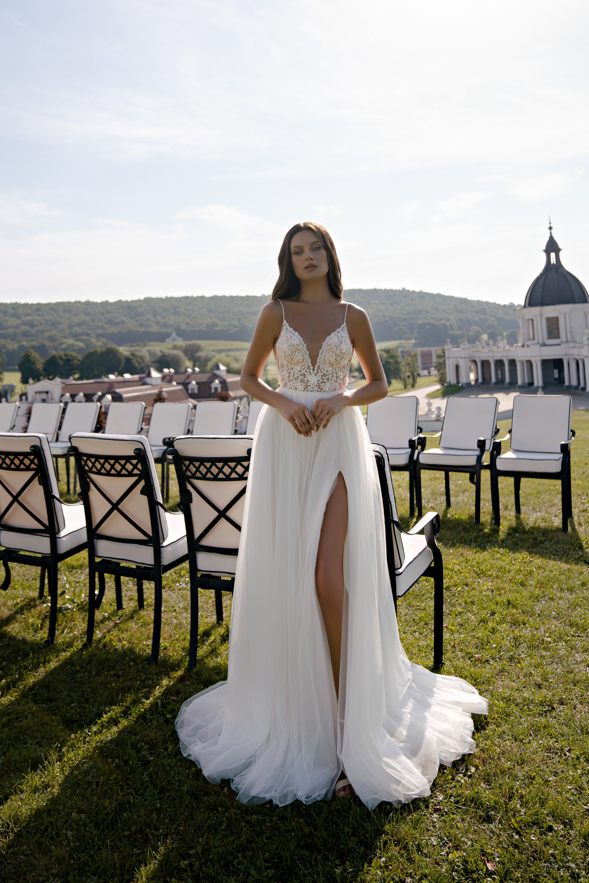 A-Line Tulle Wedding Dress with Lace Bodice and High Slit