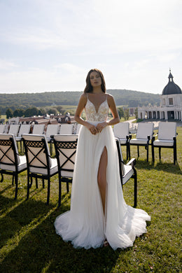 A-Line Tulle Wedding Dress with Lace Bodice and High Slit