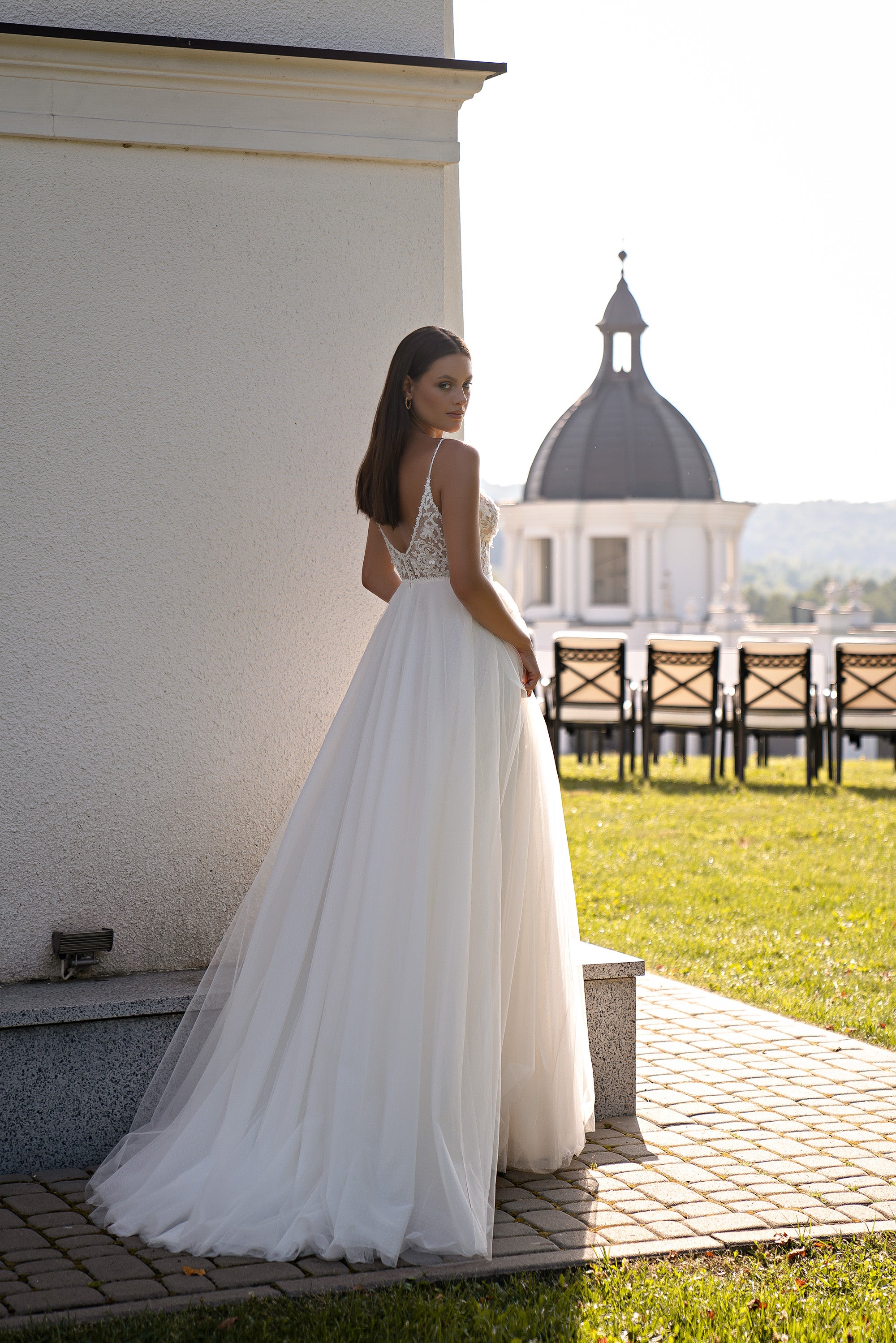 A-Line Tulle Wedding Dress with Lace Bodice and High Slit