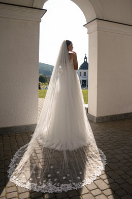 A-Line Tulle Wedding Dress with Lace Bodice and High Slit