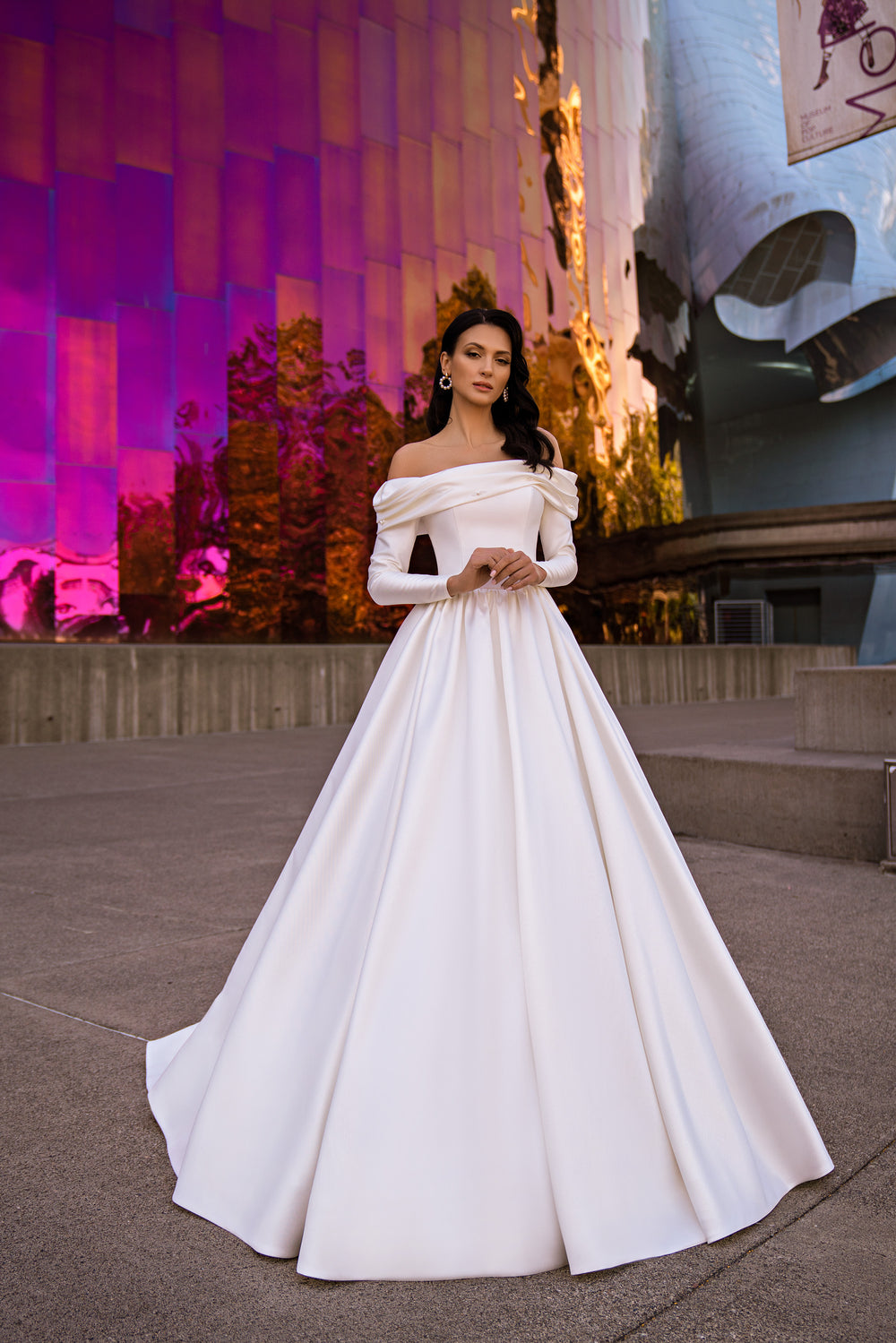 Ball Gown Wedding Dress with Draped Off-the-Shoulder Neckline