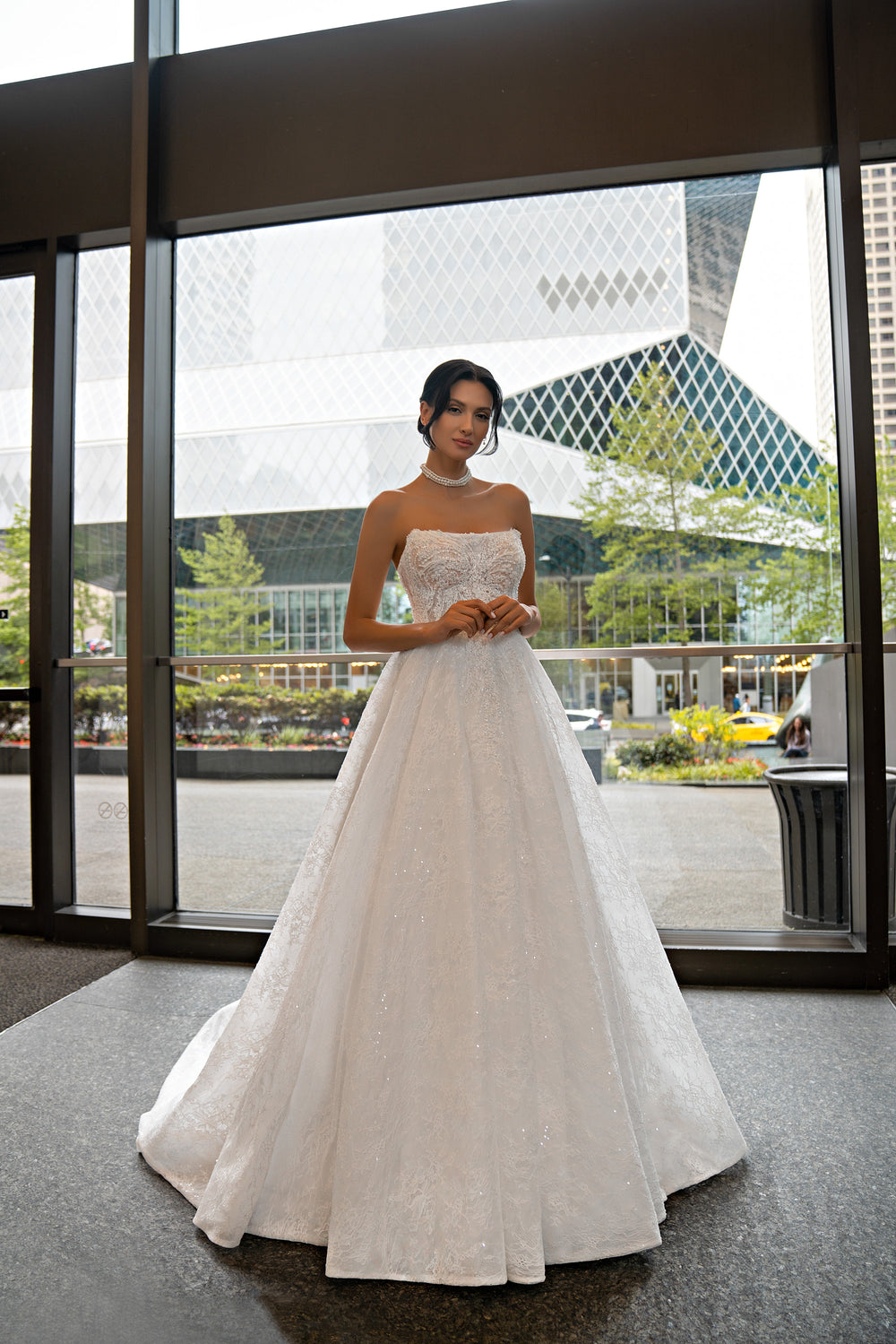 Strapless Ball Gown Wedding Dress with Beaded Lace Bodice