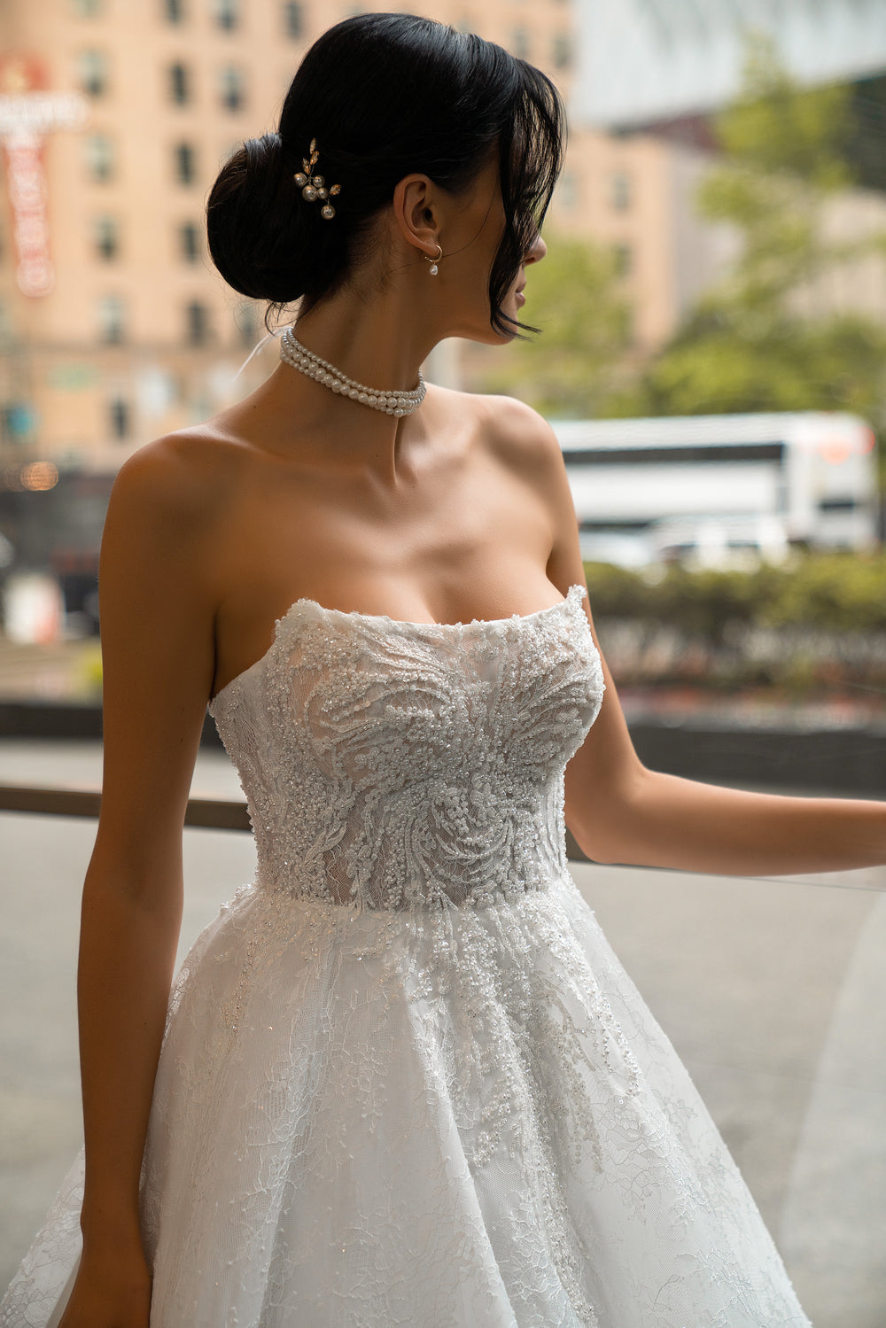 Strapless Ball Gown Wedding Dress with Beaded Lace Bodice
