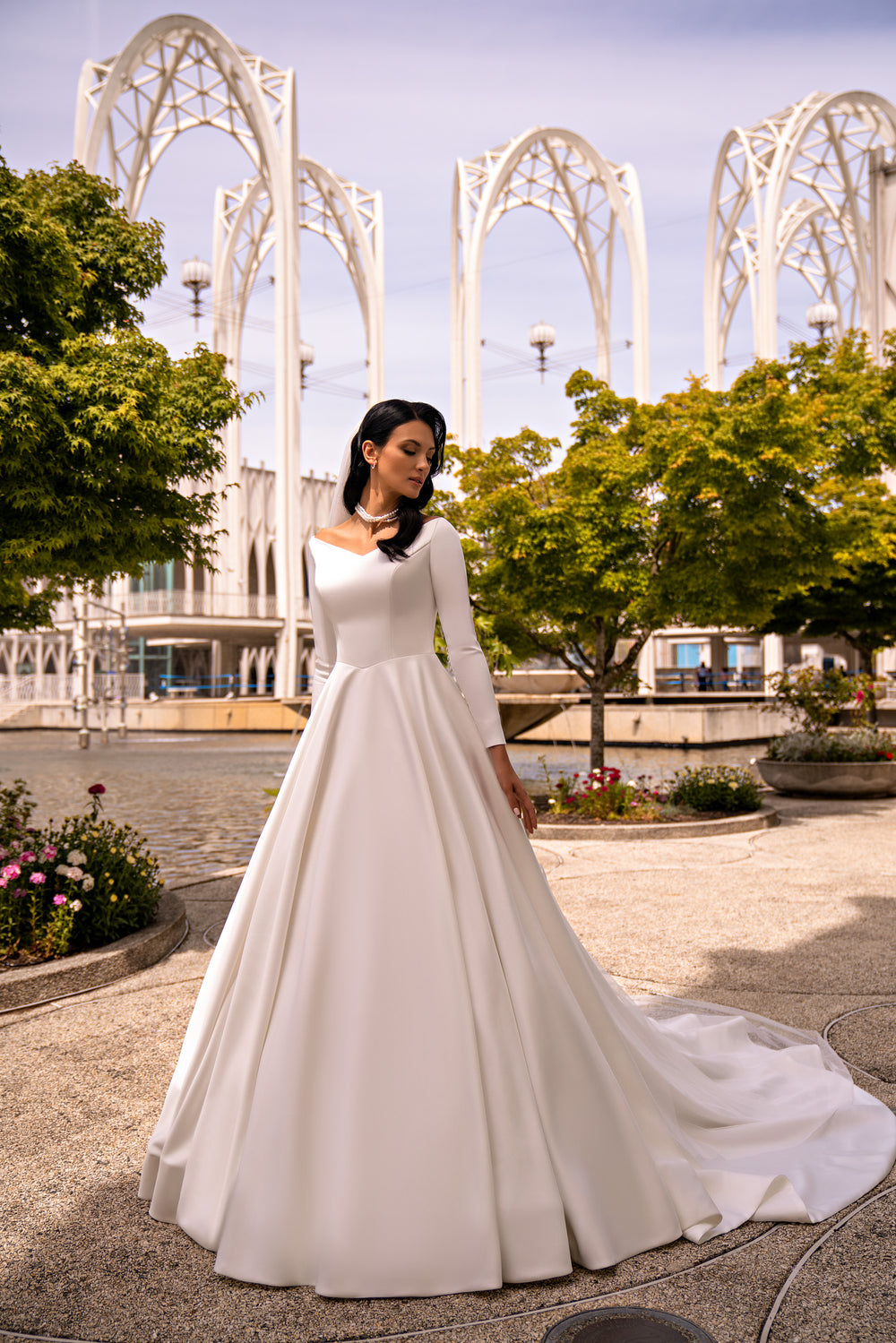 Long Sleeve A-Line Wedding Dress with Asymmetric Neckline