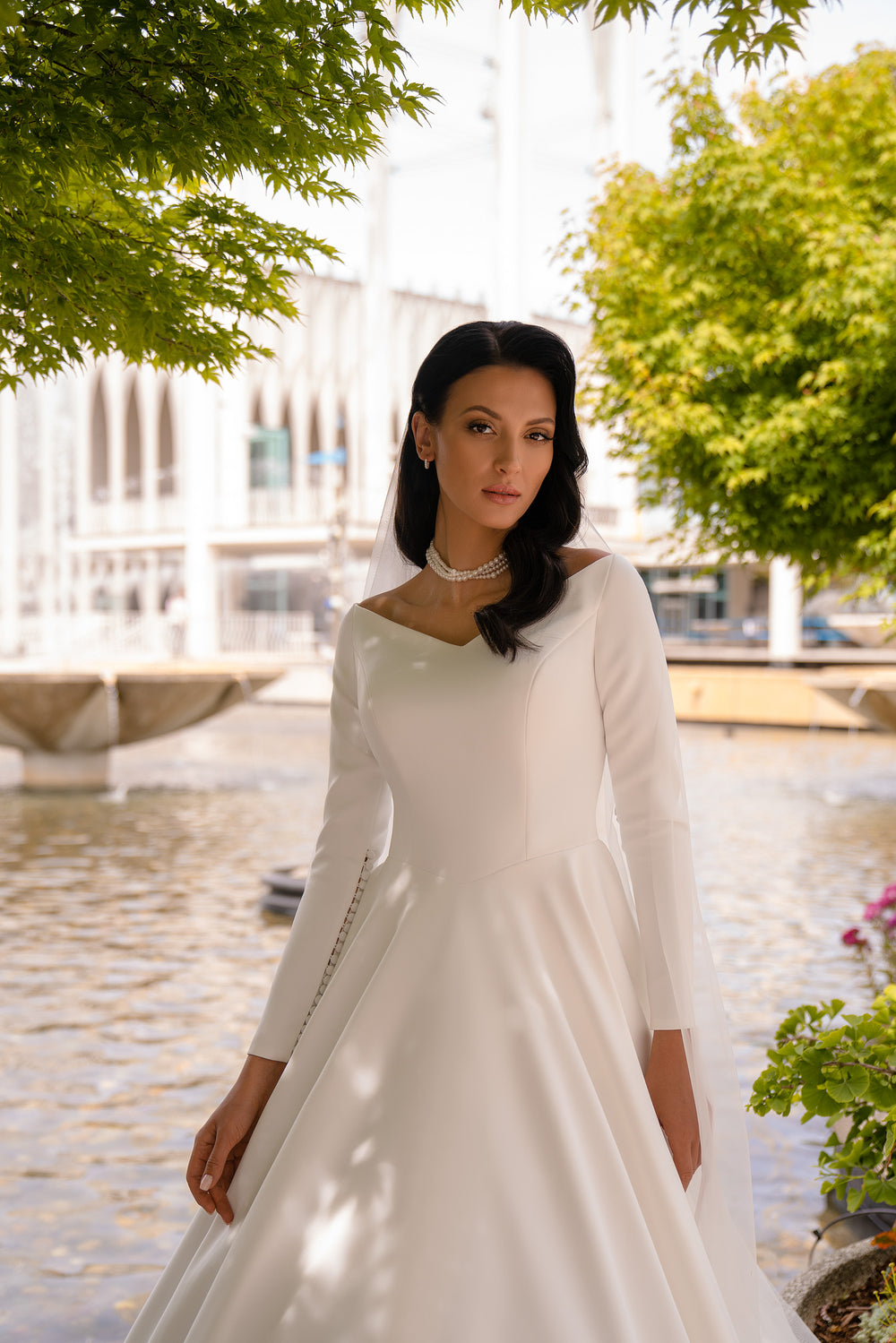 Long Sleeve A-Line Wedding Dress with Asymmetric Neckline