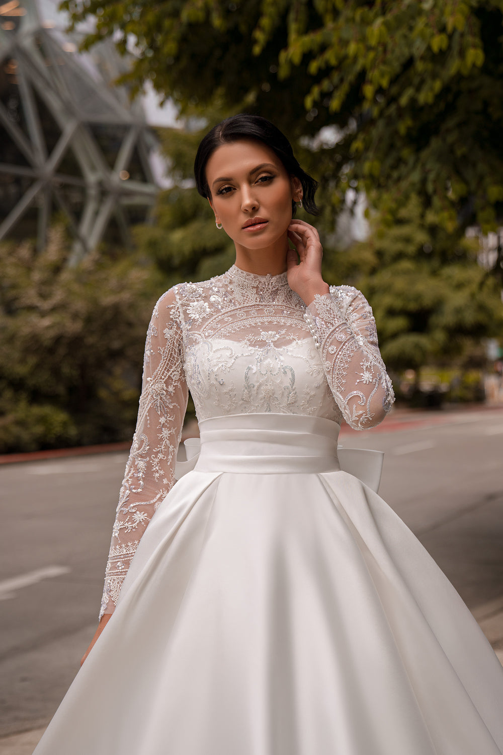 Ball Gown Wedding Dress with Illusion Lace Bodice and Long Sleeves