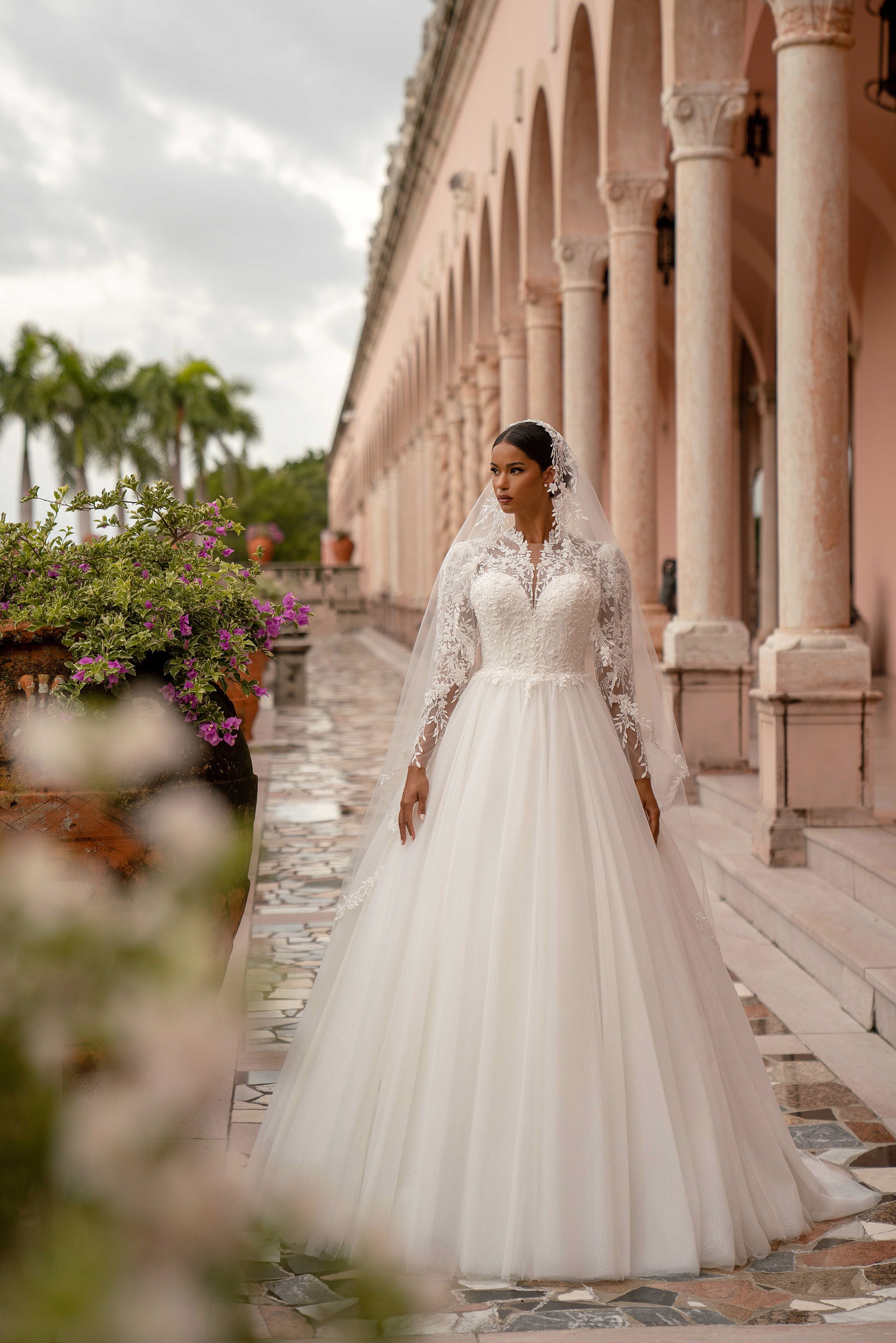 Luxury Sparkly A-Line Wedding Dress with Lace Sleeves and Cathedral Veil