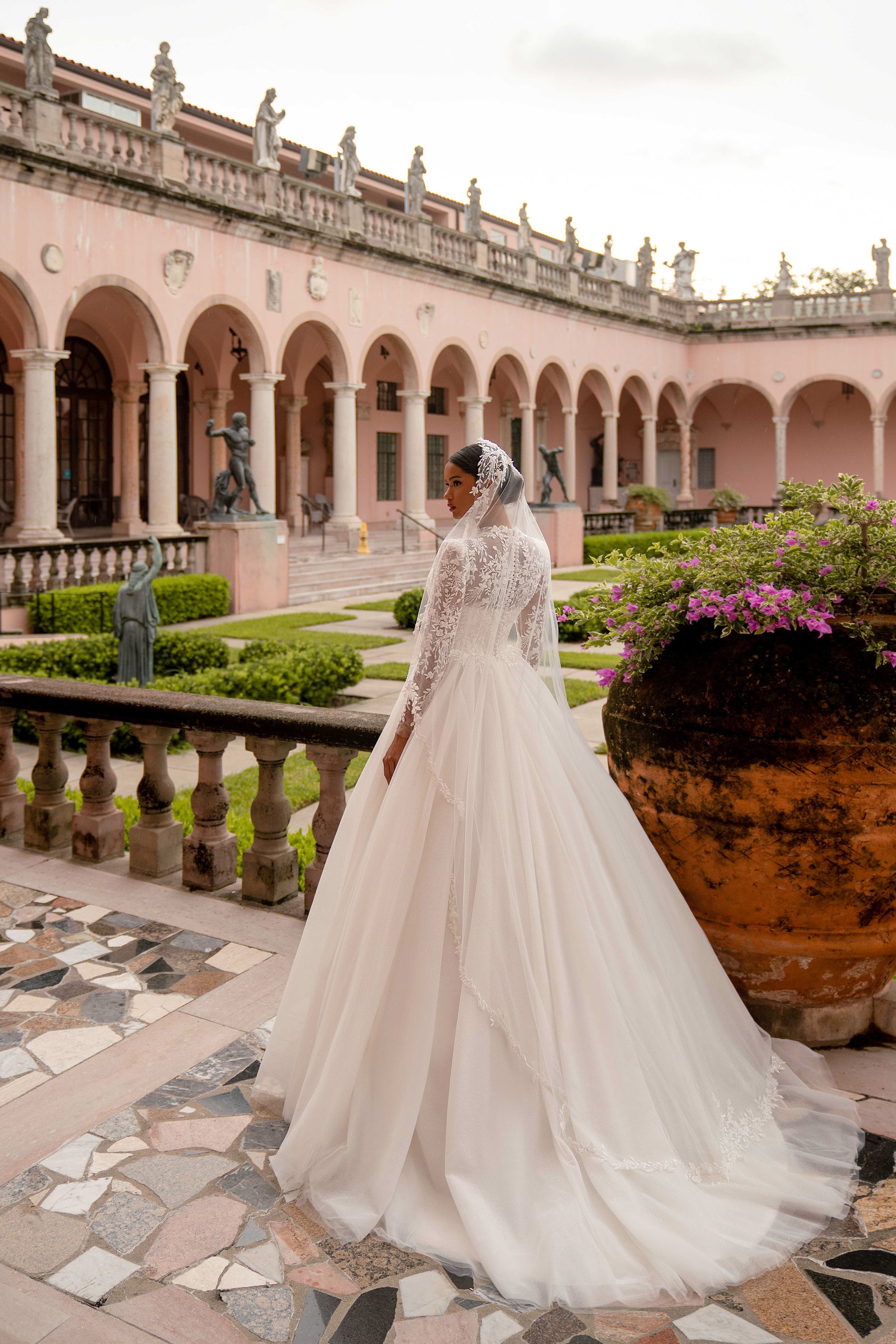 Luxury Sparkly A-Line Wedding Dress with Lace Sleeves and Cathedral Veil