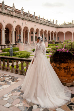 Luxury Sparkly A-Line Wedding Dress with Lace Sleeves and Cathedral Veil