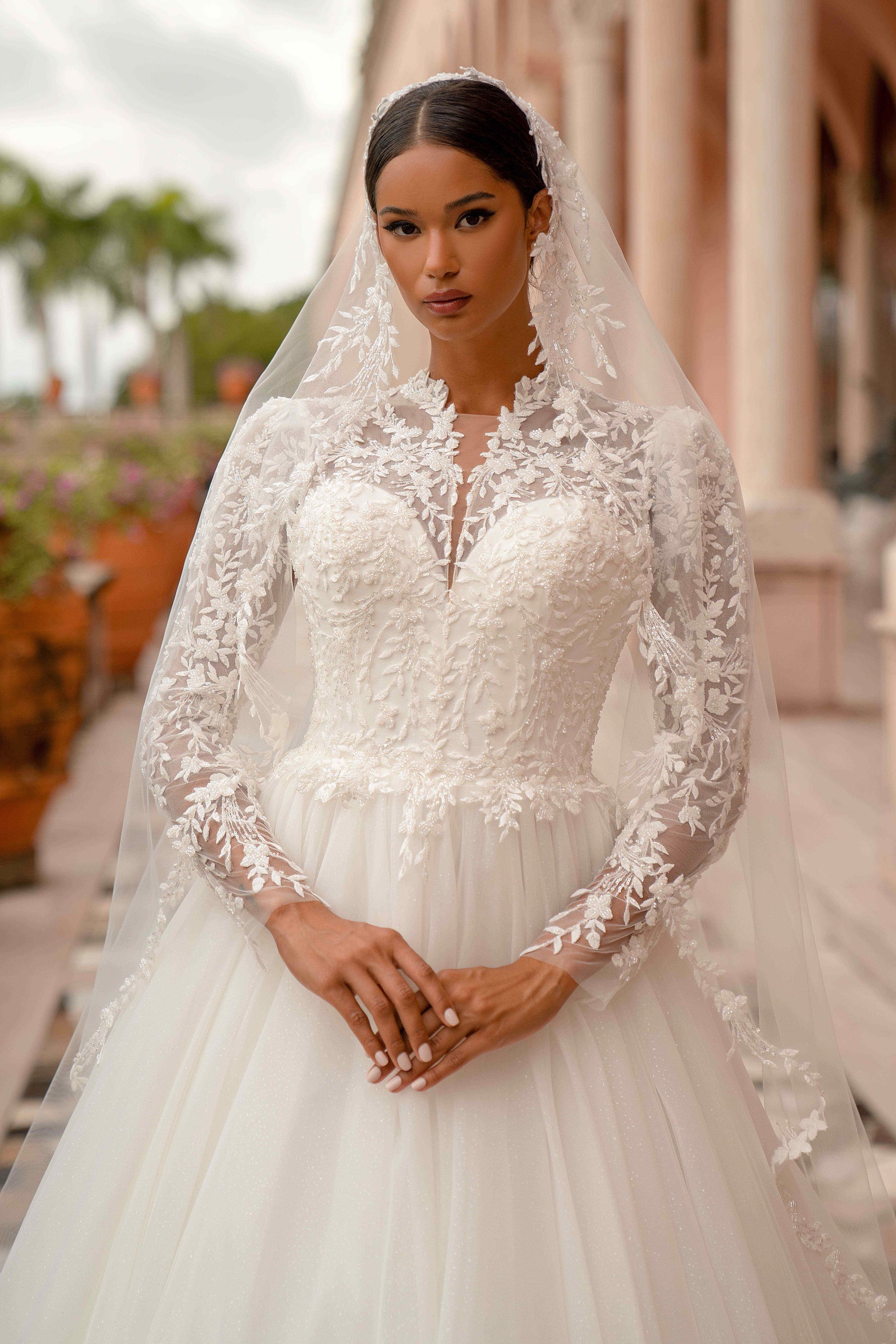 Luxury Sparkly A-Line Wedding Dress with Lace Sleeves and Cathedral Veil