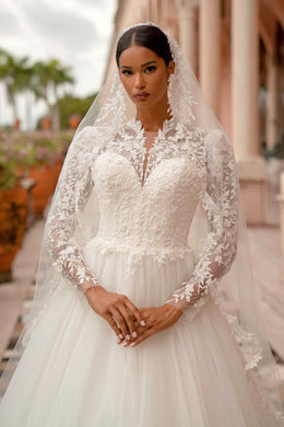 Luxury Sparkly A-Line Wedding Dress with Lace Sleeves and Cathedral Veil