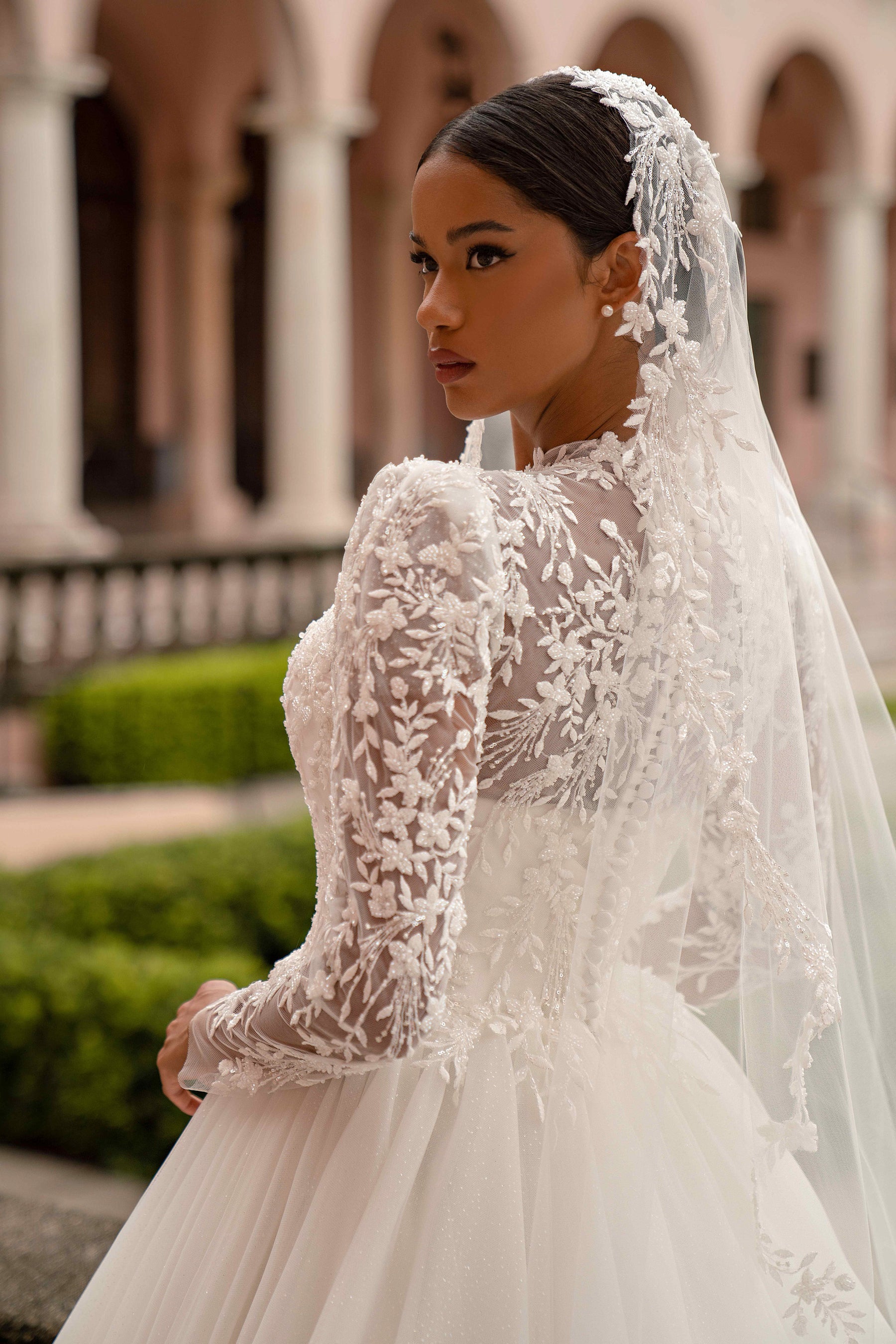 Luxury Sparkly A-Line Wedding Dress with Lace Sleeves and Cathedral Veil