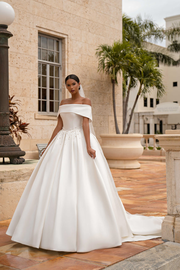 Ball Gown Satin Beaded Bodice, Off-the-Shoulder Neckline, Cathedral Train, Floor-Length