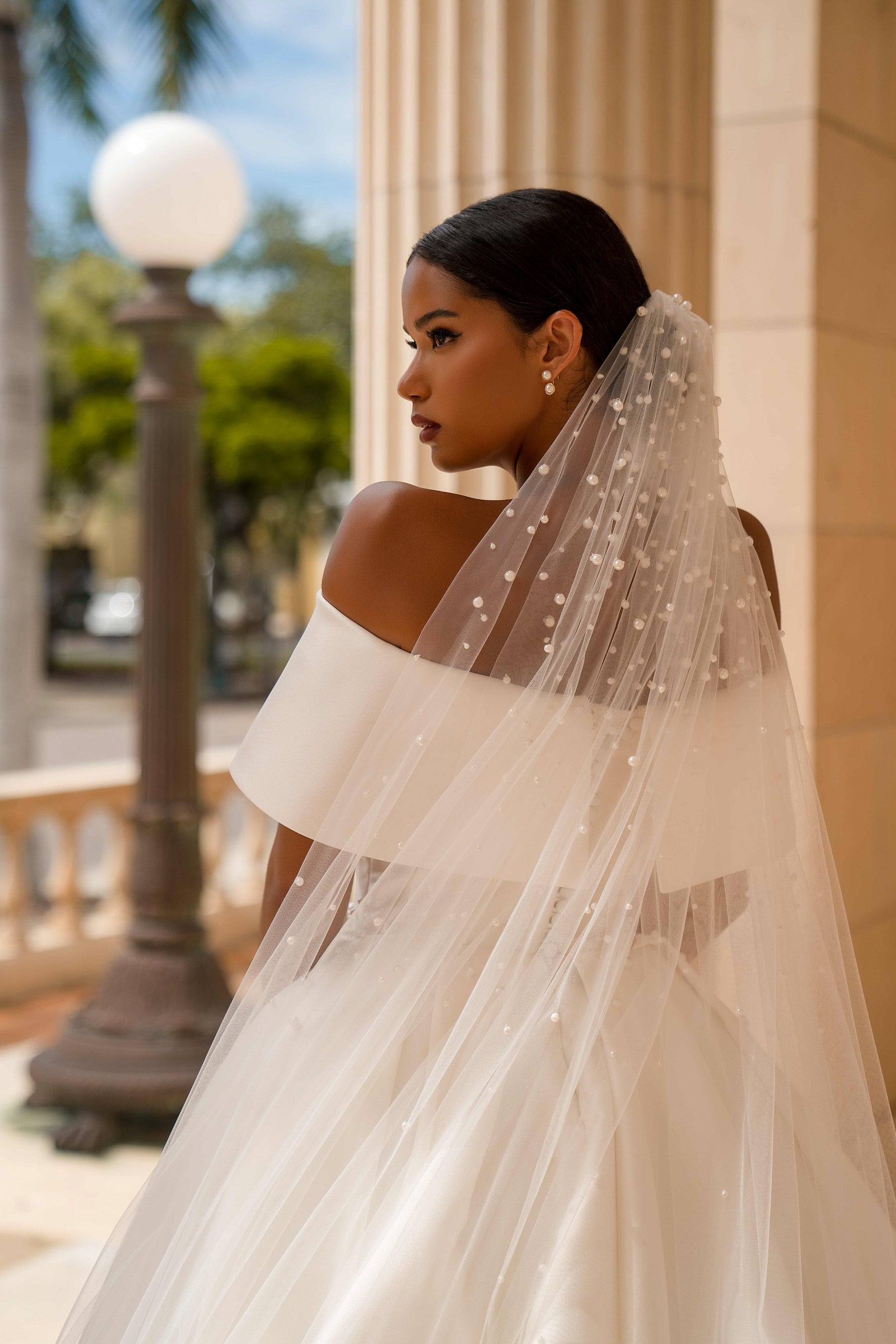 Luxury Off-the-Shoulder Ball Gown Wedding Dress with Pearl Veil